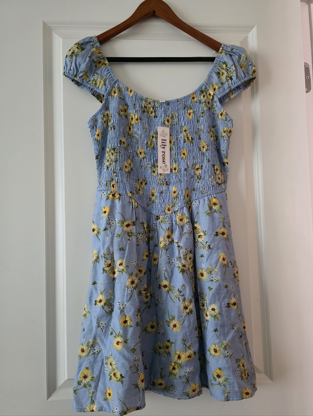 Daisy Smocked Mini Dress Cottage Core Festival Boho Womens L Lily Rose NWT Blue